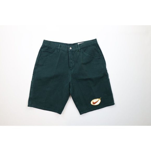 Vintage 90s Nike Mens 36 Spell Out Swoosh Denim Jean Shorts Jorts Green USA - Picture 1 of 9